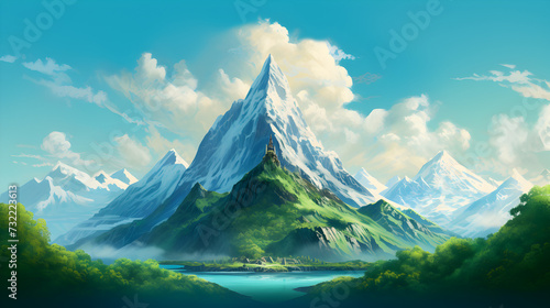The image portrays a mountain range with cloudy ski,, Mountains anime visual novel game. Pro Photo