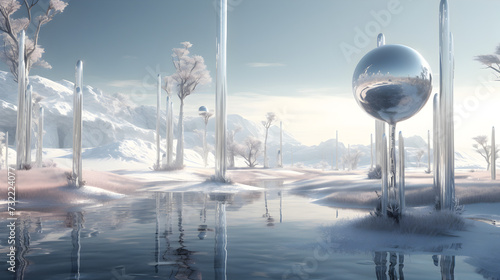 A water scene with bubbles floating in the water,,
Surrealistic winter landscape chrome elements throughout the scene