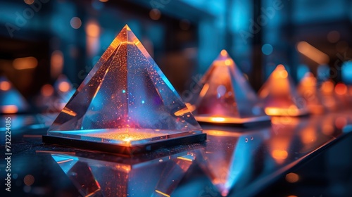 Reflective pyramid trophies arranged neatly on a glass shelf with a blue ambiance