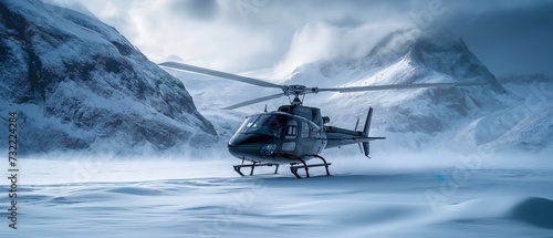 Rescue Helicopter On Top Of The Mountains. Illustration On The Theme Of Technology And Travel, Tourism And Rescue Operations. Generative AI 