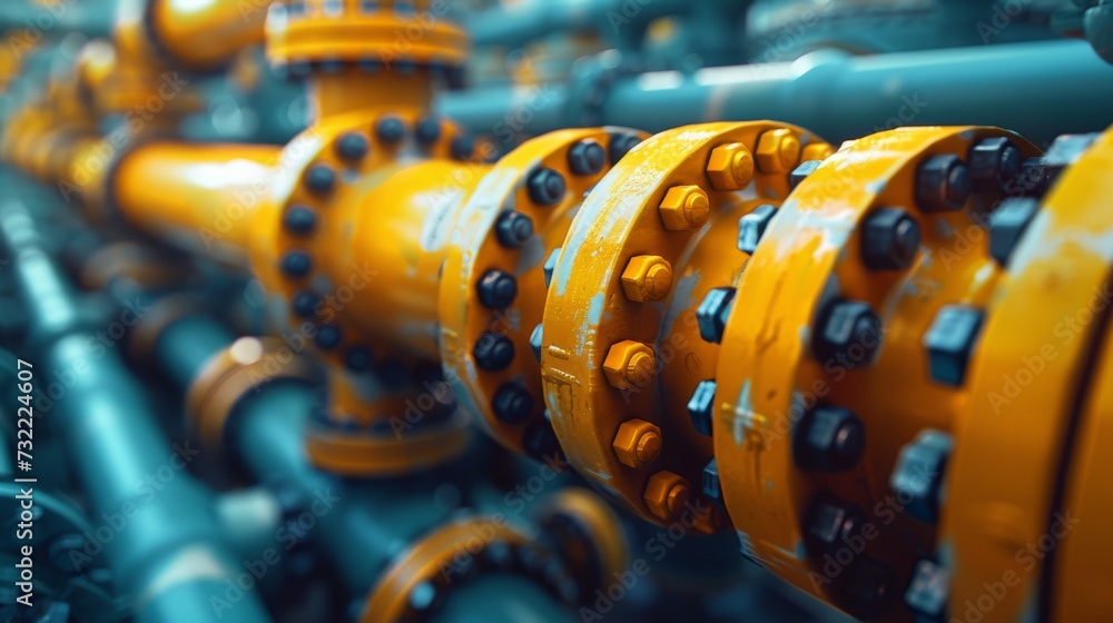 Obraz premium Industrial yellow gas and oil pipelines and valves on a blue sky background.Vibrant Blue Sky Frames Network Of Industrial Yellow Pipelines And Valves