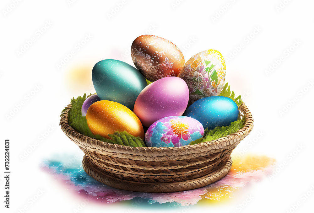 Basket of Stunning Easter Eggs on Isolated on White Background Basket of Stunning Easter Eggs on Isolated on White Background