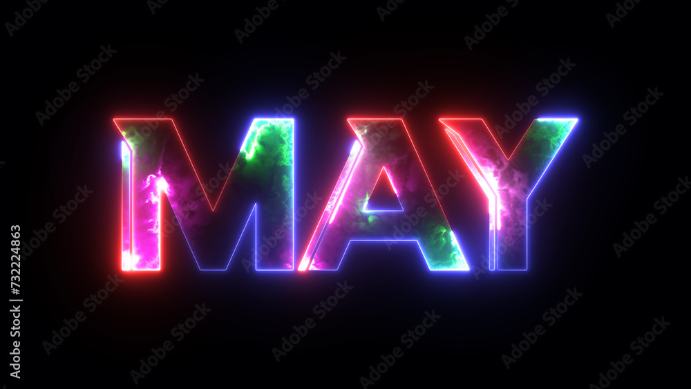 Glowing colorful light neon text month of May . Abstract glowing May month text neon light effect background animation. 3d illustration rendering