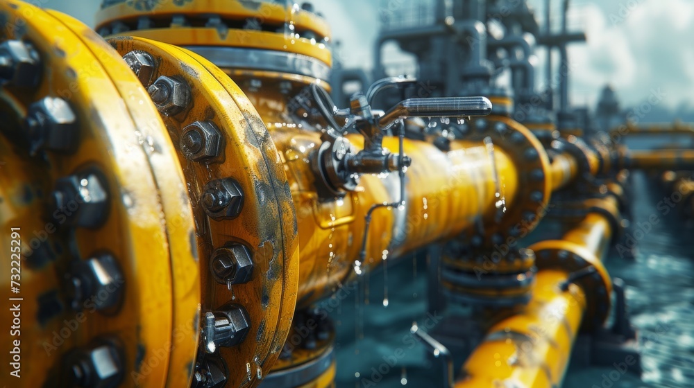 Industrial yellow gas and oil pipelines and valves on a blue sky background.Vibrant Blue Sky Frames Network Of Industrial Yellow Pipelines And Valves Industrial yellow gas and oil pipelines and valves on a blue sky background.Vibrant Blue Sky Frames Network Of Industrial Yellow Pipelines And Valves