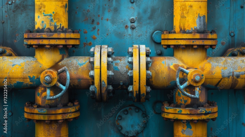 Industrial yellow gas and oil pipelines and valves on a blue sky background.Vibrant Blue Sky Frames Network Of Industrial Yellow Pipelines And Valves Industrial yellow gas and oil pipelines and valves on a blue sky background.Vibrant Blue Sky Frames Network Of Industrial Yellow Pipelines And Valves