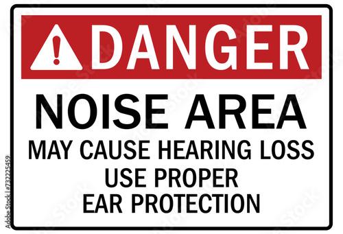 Hearing protection sign noise area may cause hearing loss. Use proper ear protection