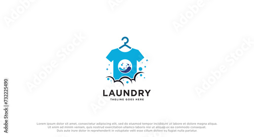 laundry logo in shades of blue with bubbles foam and washing clothes, simple creative logo, icon vector inspiration.