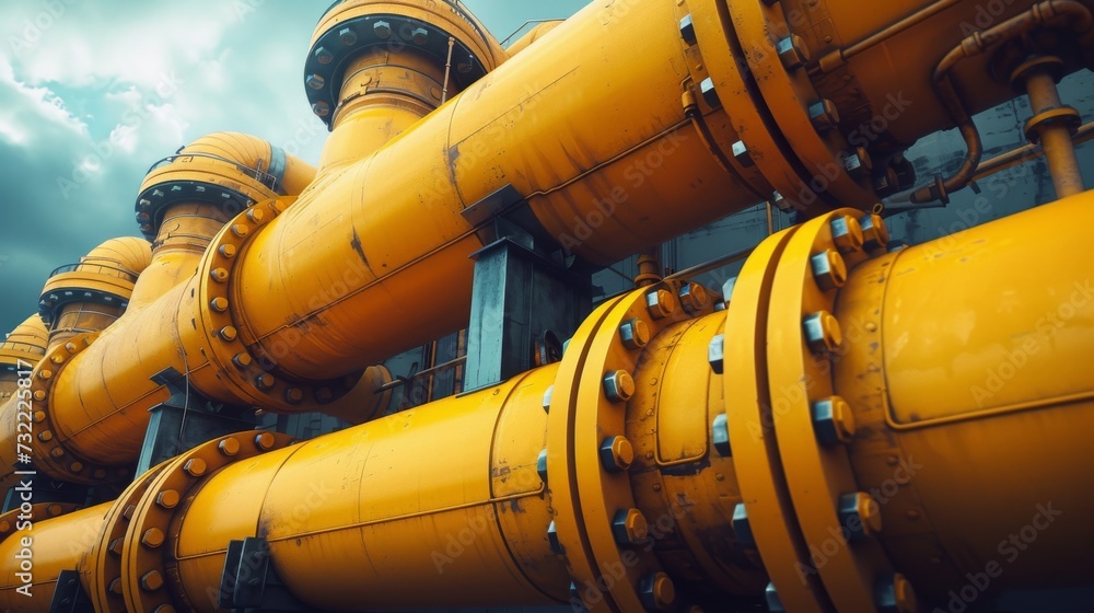 Industrial yellow gas and oil pipelines and valves on a blue sky background.Vibrant Blue Sky Frames Network Of Industrial Yellow Pipelines And Valves Industrial yellow gas and oil pipelines and valves on a blue sky background.Vibrant Blue Sky Frames Network Of Industrial Yellow Pipelines And Valves