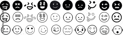 Black emoticon vector set.  Diverse emoji faces showing various emotions. Perfect for digital communication, social media, web design. Happy, sad, angry, surprised icons collection. photo