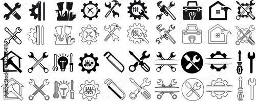 Hand tool vector icon set, tools featuring gears, house symbols. Perfect for web design, user interface, infographics. Detailed, editable, and ideal for maintenance or repair themes