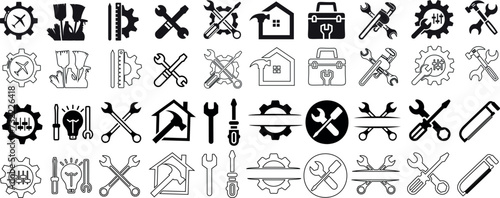 tool icon vector illustration, symbols, including hammer, wrench, gear, house, toolbox. Ideal for web design, mobile app. Editable stroke, scalable graphics