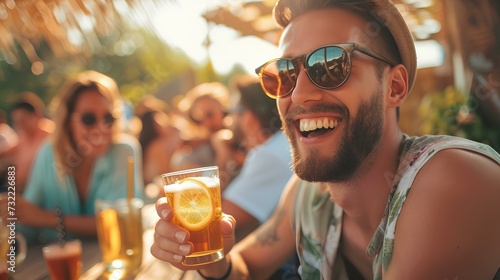 A young man drinking beer happily with people at an open-air cafe on the summer beach. generative AI