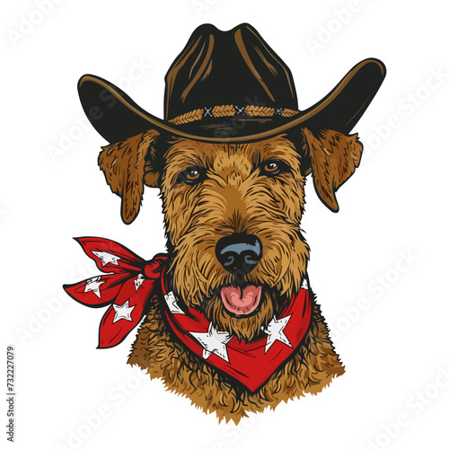 Airedale Terrier dog Head wearing cowboy hat and bandana around neck