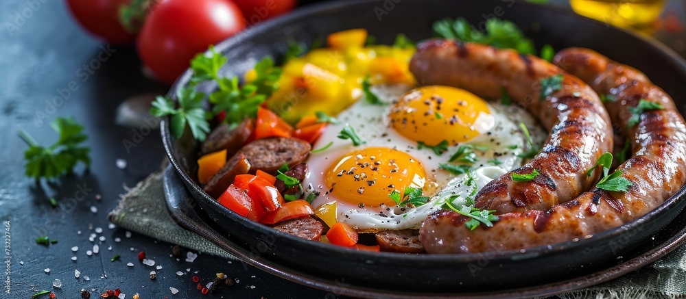 A delicious dish called Menemen made of eggs, sausage, and vegetables cooked in a frying pan. It is a popular recipe in Turkish cuisine. A delicious dish called Menemen made of eggs, sausage, and vegetables cooked in a frying pan. It is a popular recipe in Turkish cuisine.