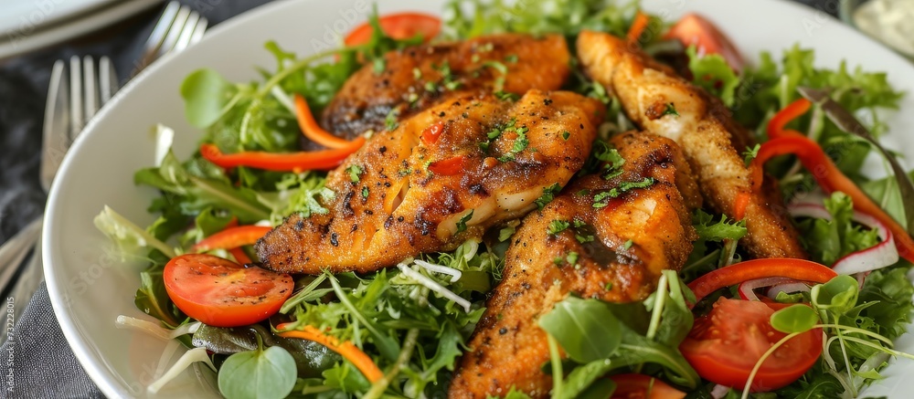 A dish consisting of a chicken and vegetable salad on a white plate, made with fresh ingredients and leaf vegetables. This recipe is a delicious and healthy choice! A dish consisting of a chicken and vegetable salad on a white plate, made with fresh ingredients and leaf vegetables. This recipe is a delicious and healthy choice!