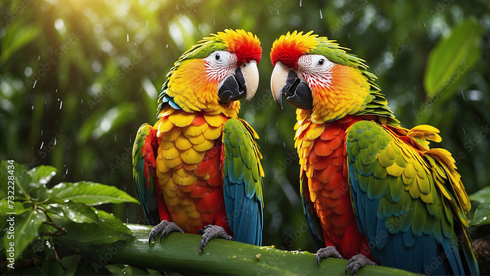 two colorful parrots on a branch