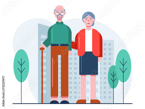 Aged people walking in urban areas. Senior citizen vector illustration.