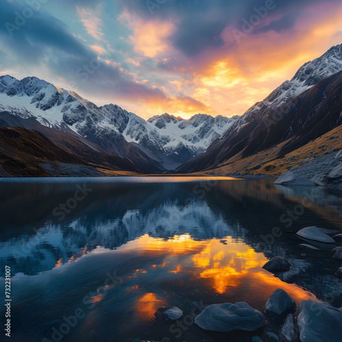 Lake at the bottom of the mountain at sunset reflection © Manima