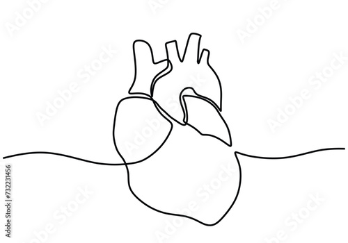 Human heart one line vector illustration. Body anatomy continuous line art drawing.
