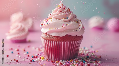cupcake with frosting and sprinkles on pink floor 
