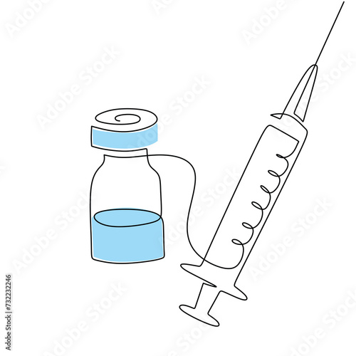 Medical syringe and vaccine bottle. Continuous one line drawing. Vector illustration healthcare tool concept.