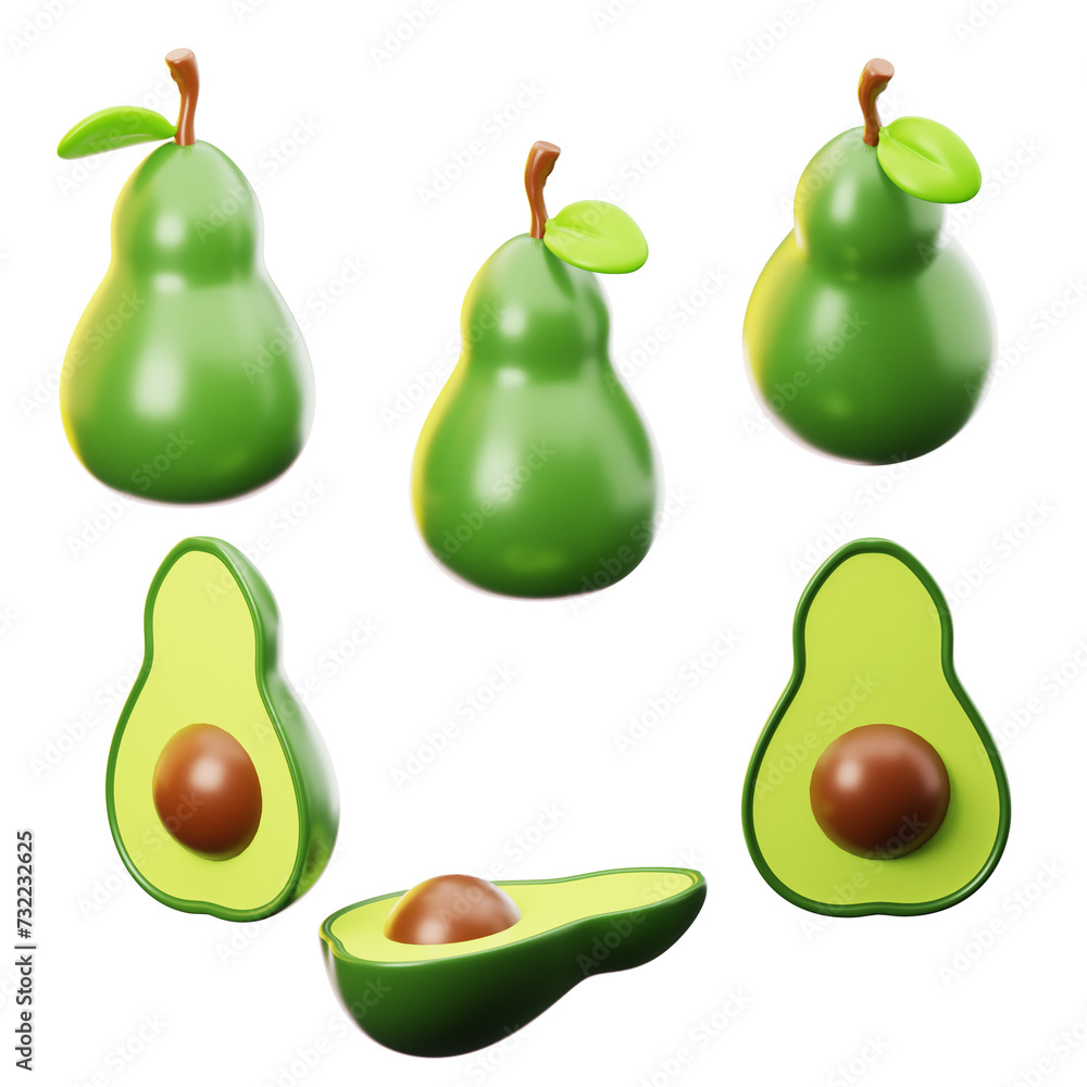 3D Icon fresh avocado on three points of view. On transparent background. On transparent background. 3D illustration. High resolution
3D Icon fresh avocado on three points of view. On transparent background. On transparent background. 3D illustration. High resolution
