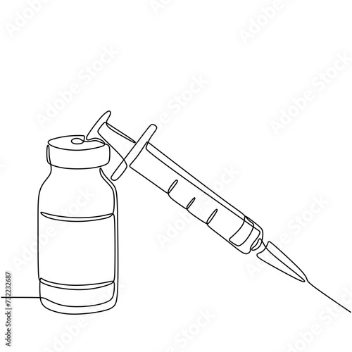 Medical syringe and vaccine bottle. Continuous one line drawing. Vector illustration healthcare tool concept.
