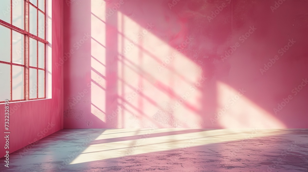 Empty pink color room studio with sunlight effect shadow on the floor and wall for product presentation. Minimal backdrop design. Cosmetic, beauty and fashion showroom. Summer background mock up.
