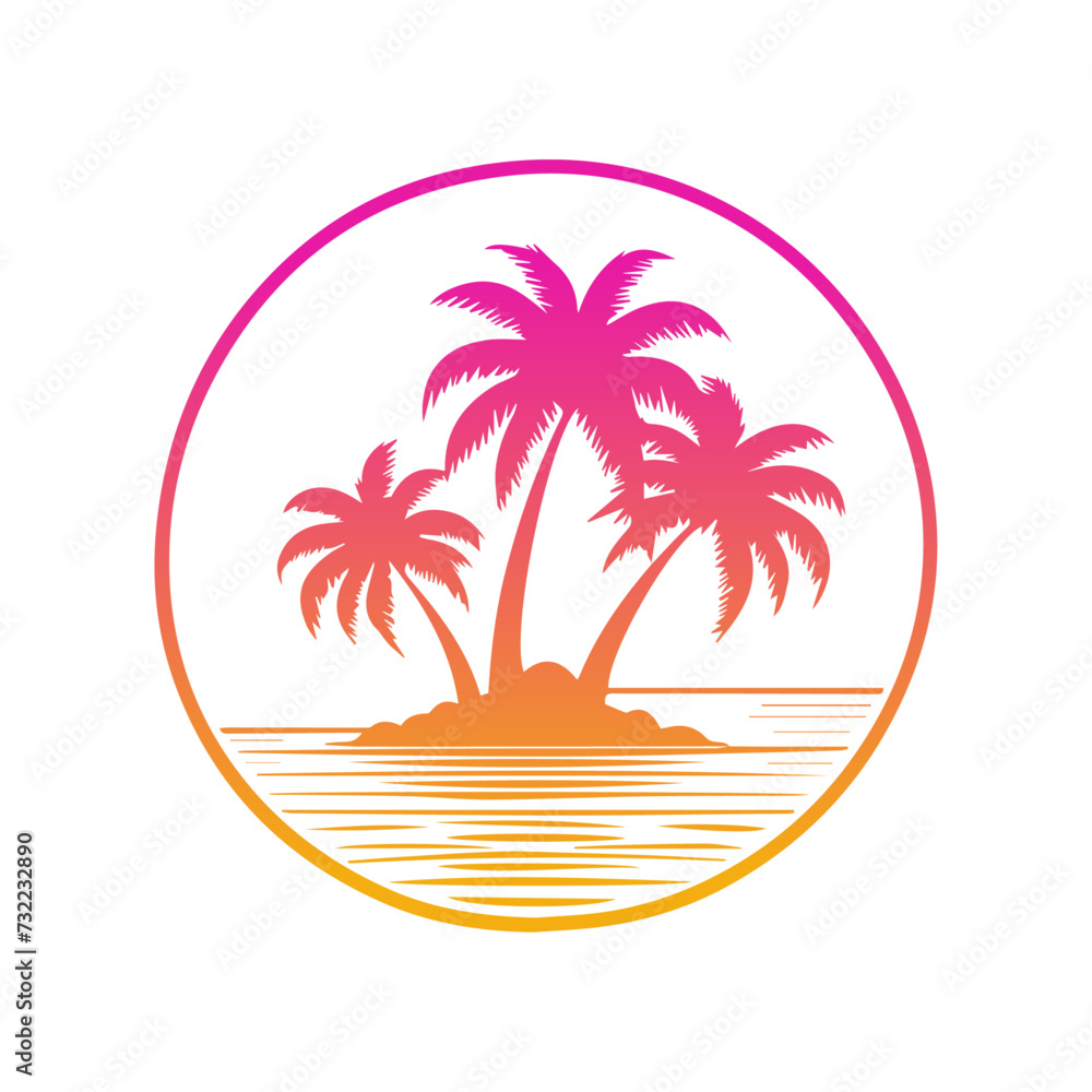 sunset with palm trees silhouettes logo or icon design template