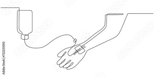Blood donation in continuous line drawing. One single outline transfusion bag with hand.