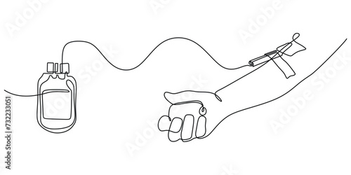 Blood donation in continuous line drawing. One single outline transfusion bag with hand.