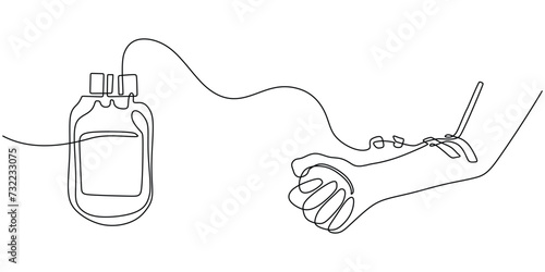 Blood donation in continuous line drawing. One single outline transfusion bag with hand.