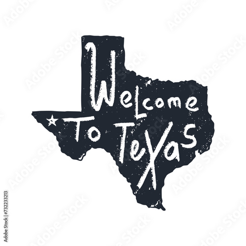 Welcome to texas lettering with hand drawn texas map grunge black rough background vector illustration. Design concept for poster, banner, postcard, t shirt, logo concept and etc.