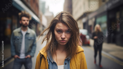 Intense Young Woman Walking Forward with Man Standing Behind in Urban Setting. City Determination Concept