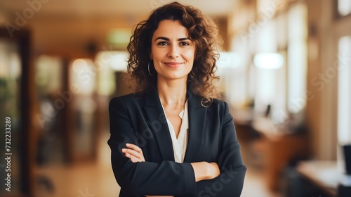 Confident business woman with curly hairs standing in a office  with subtle smile on a face 