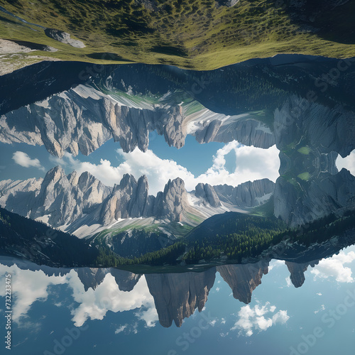 Reflection of mountains in the water body.