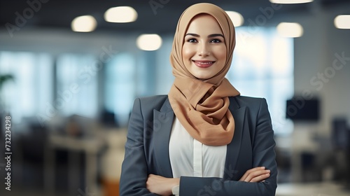 Confident Muslim business woman with hijab standing in a office  with subtle smile on a face 