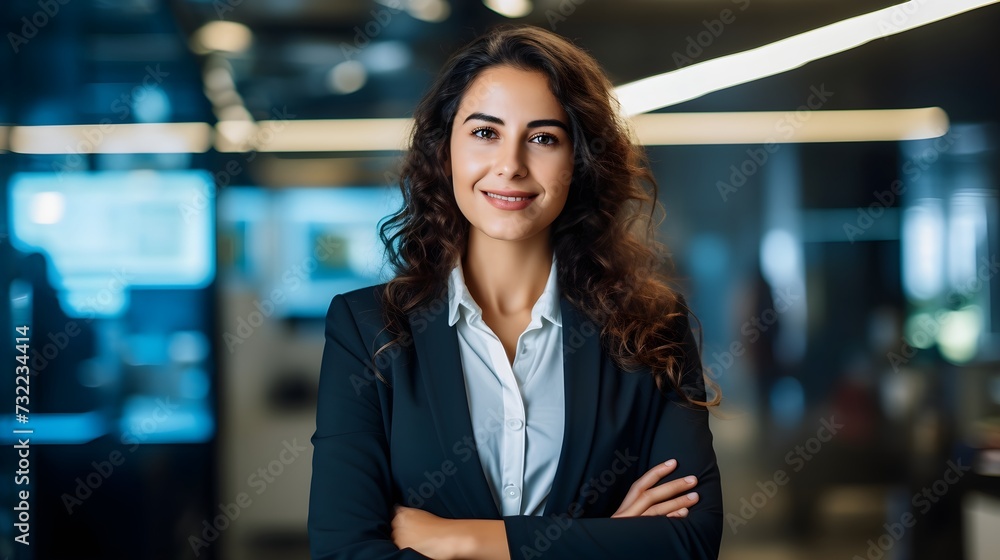 Obraz premium Confident business woman standing in a office with subtle smile on a face 