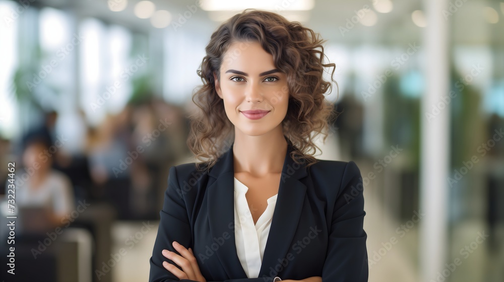 Fototapeta premium Confident business woman standing in a office with subtle smile on a face 