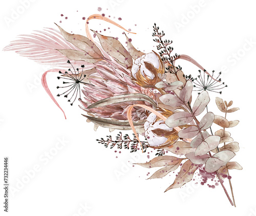 Watercolor boho composition with cotton flowers, lotus and dry branches and herbs. Design for wedding invitations, anniversaries, baptisms. Hand drawn illustration, isolated