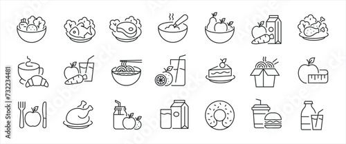 Food minimal thin line icons. Related fresh fruit  vegetable  coffe  salad  meat. Editable stroke. Vector illustration.