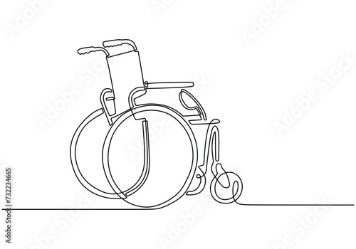 Continuous one line drawing of a wheelchair for individuals with disabilities. Vector illustration.