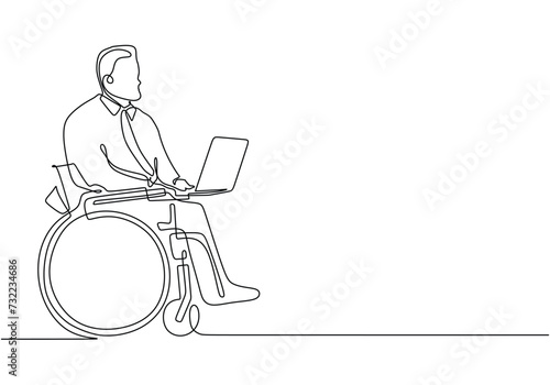 Disabled people using wheelchair. Continuous one line drawing.
