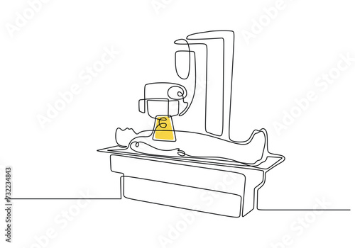 Xray machine taking image continuous one line art drawing. Helathcare check up with radiology equipment. People diagnosis in hospital concept.