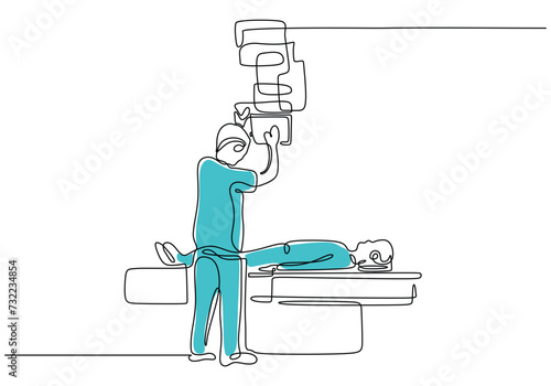 Xray machine taking image continuous one line art drawing. Helathcare check up with radiology equipment. People diagnosis in hospital concept. photo
