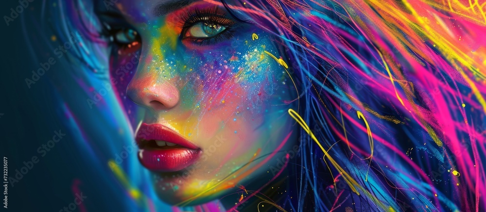 This eye-catching CG artwork depicts a woman with vibrant, colorful hair in shades of purple, violet, magenta, and electric blue. This eye-catching CG artwork depicts a woman with vibrant, colorful hair in shades of purple, violet, magenta, and electric blue.