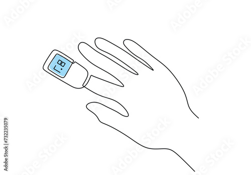 Continuous one line art drawing. Hand with pulse oximeter on finger. Digital device to measure oxygen saturation in human.