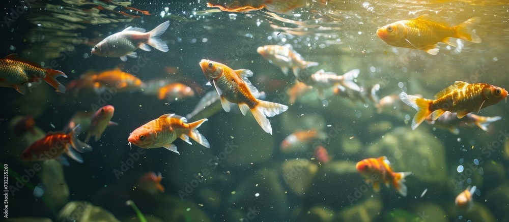 A school of goldfish, with their vibrant fins and tails, gracefully swim in the underwater world of a serene pond. A school of goldfish, with their vibrant fins and tails, gracefully swim in the underwater world of a serene pond.