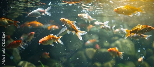 A school of goldfish, with their vibrant fins and tails, gracefully swim in the underwater world of a serene pond. © AkuAku
