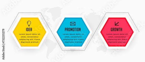colorful 3 step infographic process chart template with world map design